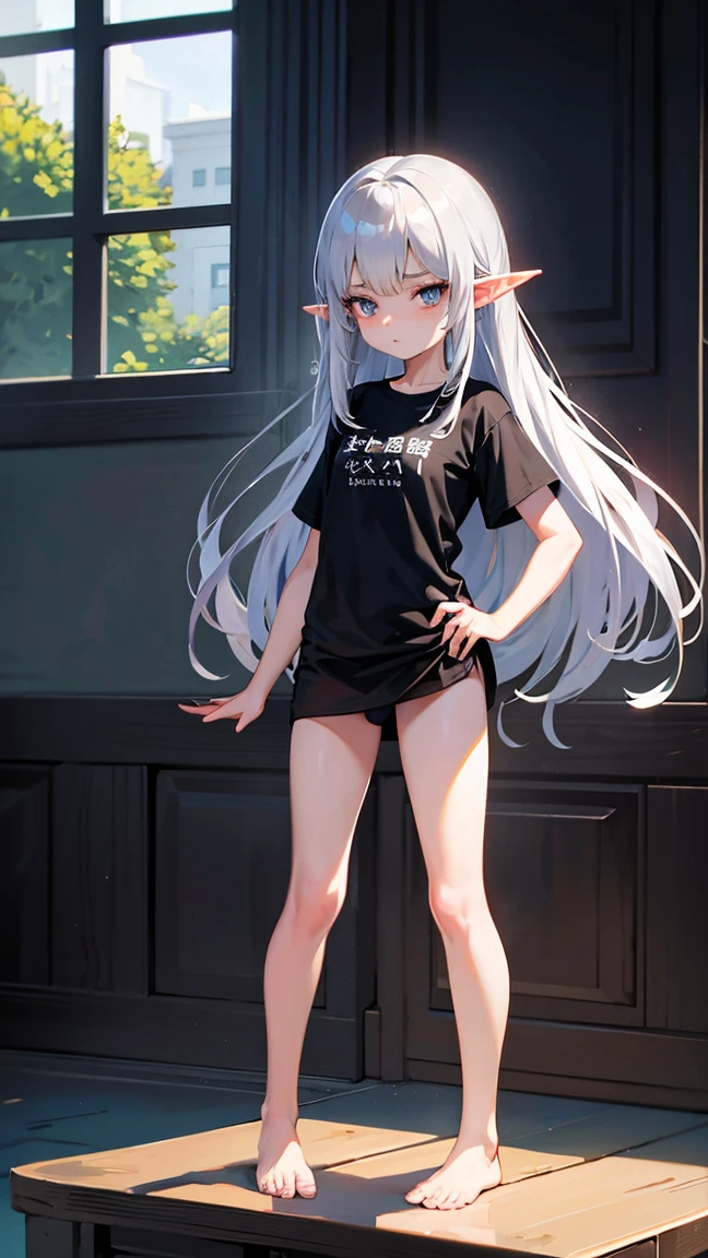 Elf Girl、8-year-old、Medium-long silver hair、Silver Eyes、Big black t-shirt、No bottoms worn、barefoot、Seductive expression、whole body、Standing posture