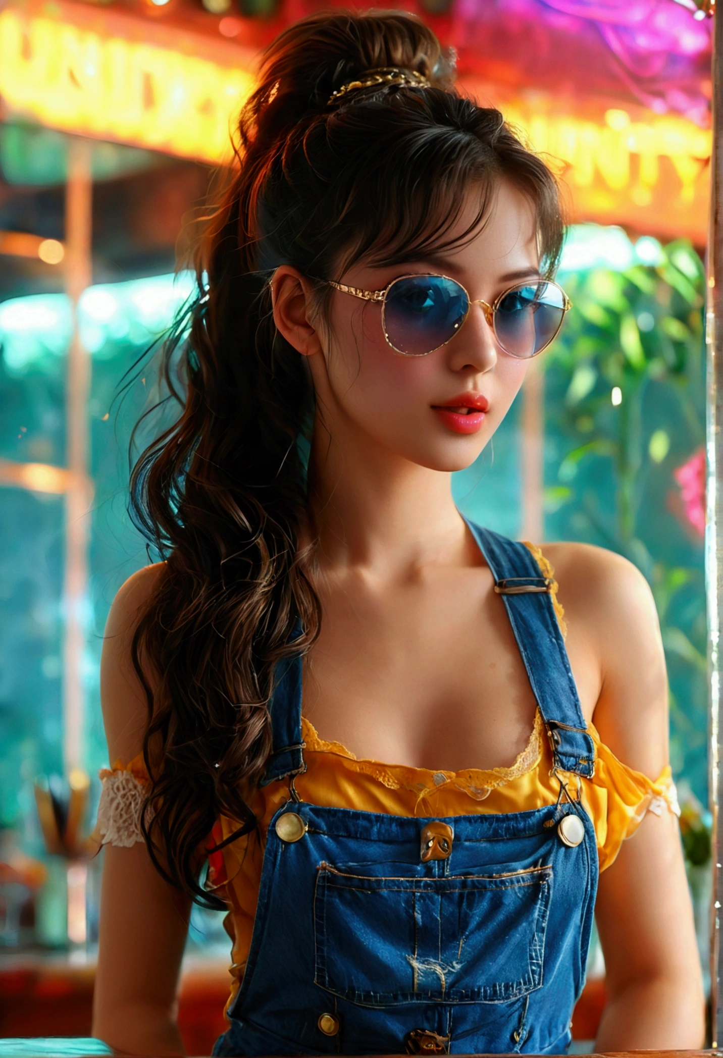 a photo by pho3b3cat3s, beautiful woman, ((24 years old)), bar, lingerie, denim overalls, 1980s, Retro, long wavy ponytail, (Masterpiece), (Extremely detailed CG unity 8k wallpaper), intricate, ((photorealistic)),
