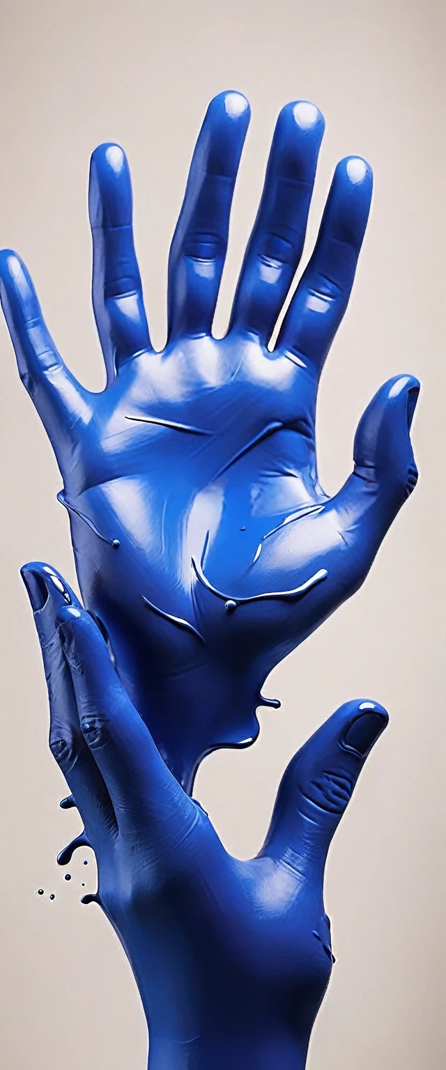 a hand made of blue paint, inside hand written creative hands