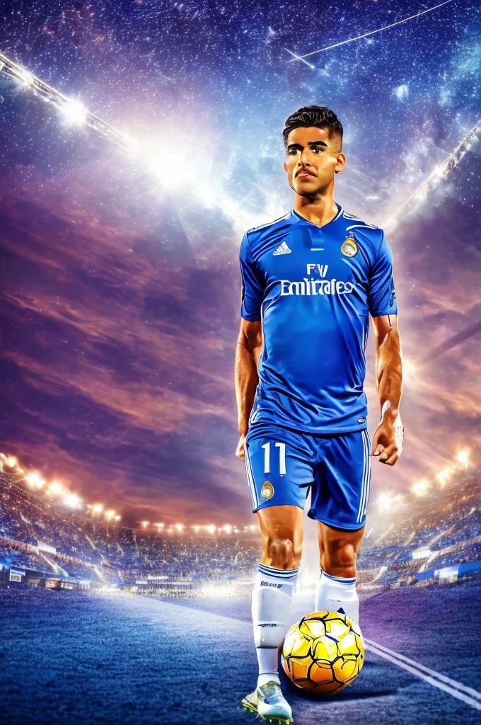 {{masterpiece}}}, hyper quality, {{{very realistic}}}, very delicate eyes, {{{best quality}}}, {{{sturdy soccer player}}}, {{Football Jerseys}}, {{{Real Madrid}}}, {{Beautiful night sky}}, Milky Way, light, crowd, football.