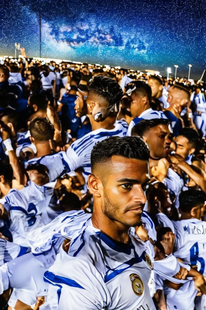 {{masterpiece}}}, hyper quality, {{{very realistic}}}, very delicate eyes, {{{best quality}}}, {{{sturdy soccer player}}}, {{Football Jerseys}}, {{{Real Madrid}}}, {{Beautiful night sky}}, Milky Way, light, crowd, football.
