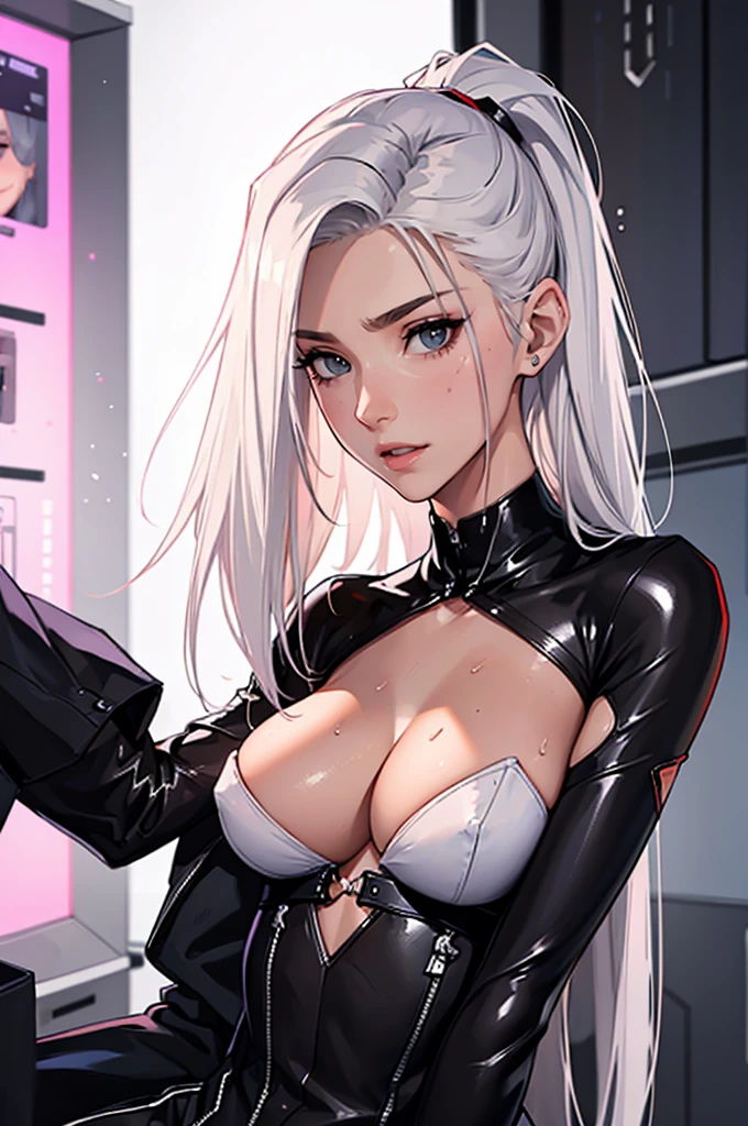 (lifelike, high - resolution:1.3), 1 girl with a perfect body,slender body, Super fine face and eyes,assasin, dark makeup, shiny skin,white hair, (girl caught in a sex machine),Expose cleavage, (sex machine, restrained, bound, bdsm, object insertion, smachine) (wet skin, shiny skin), pleasured face, cumming, drooling