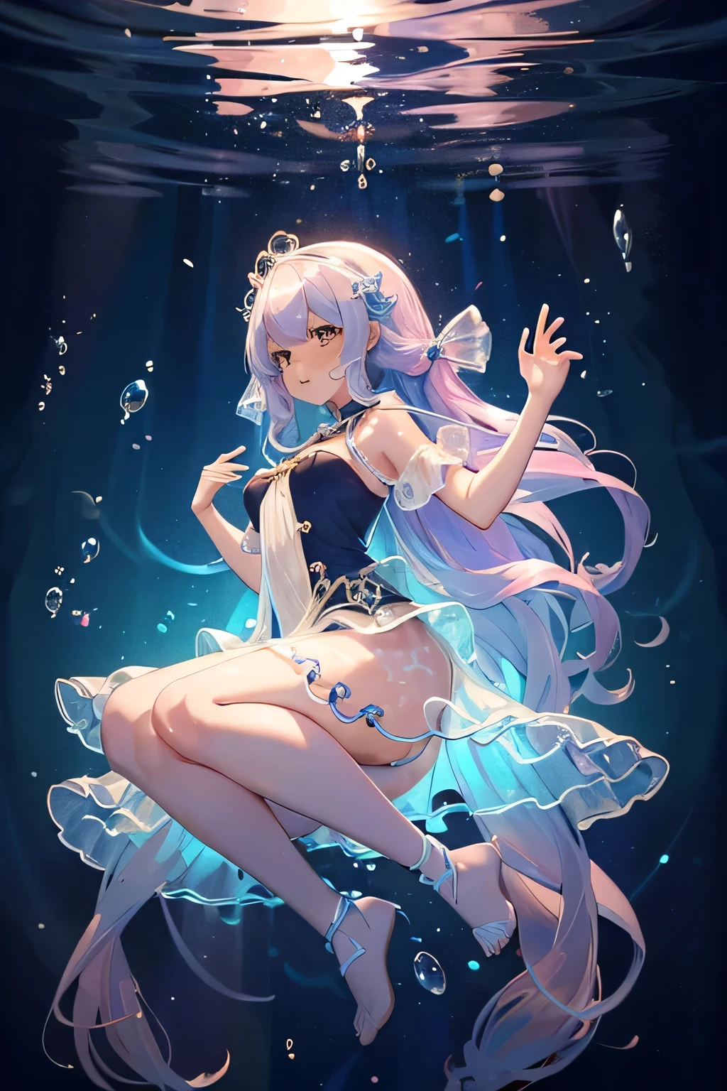 ((like vtuber)) ((high quality)) ((HD)) cute jellyfish girl with long and blue hair use short dress and there are big jellyfish around with her under water