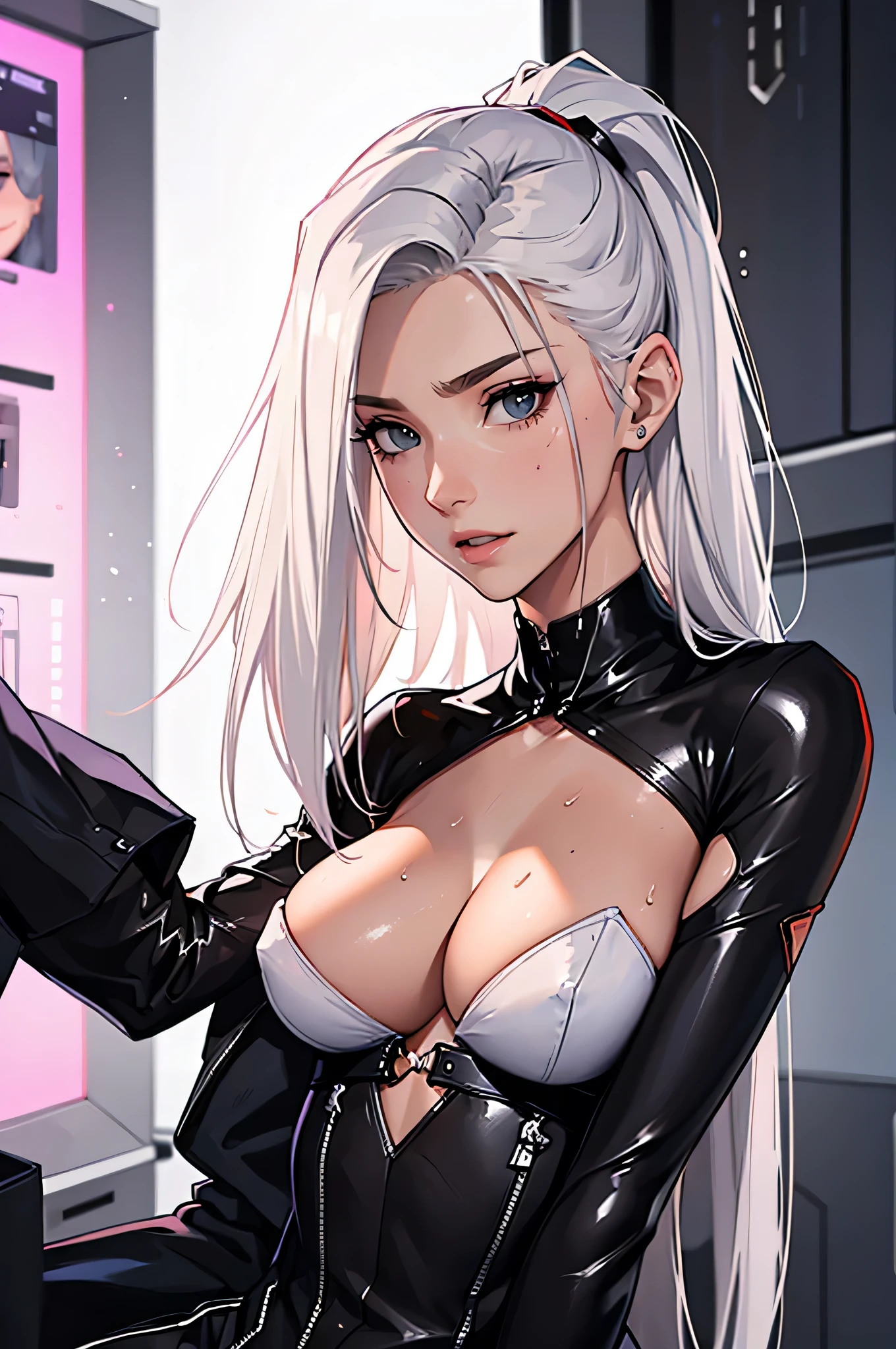 （lifelike， high - resolution：1.3）， 1 girl with a perfect body，slender body, Super fine face and eyes，assasin, dark makeup, shiny skin，white hair, (girl caught in a sex machine)，Expose cleavage, (sex machine, restrained, bound, bdsm, object insertion, smachine) (wet skin, shiny skin), pleasured face, cumming, drooling