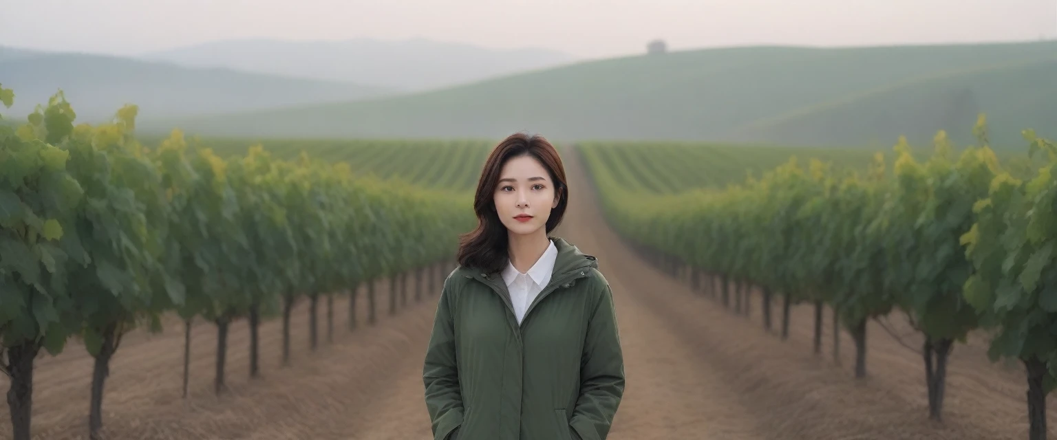 k Best picture quality, Beautiful 36-year-old Korean woman, Chest size 34 inches, The cathedral can be seen through the early morning fog past the vineyards in the Croatian countryside., The back background is realistic and vivid image quality, medium hair, Wearing a light parka and casual pants,Perfect and realistic photos, The background is realistic. Full body shot with Canon camera 16-35 wide angle lens, expressionless, Standing on a vineyard hill covered in thick fog
