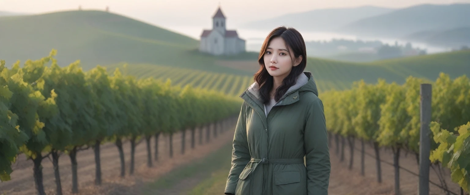 k Best picture quality, Beautiful 36-year-old Korean woman, Chest size 34 inches, The cathedral can be seen through the early morning fog past the vineyards in the Croatian countryside., The back background is realistic and vivid image quality, medium hair, Wearing a light parka and casual pants,Perfect and realistic photos, The background is realistic. Full body shot with Canon camera 16-35 wide angle lens, expressionless, Standing on a vineyard hill covered in thick fog