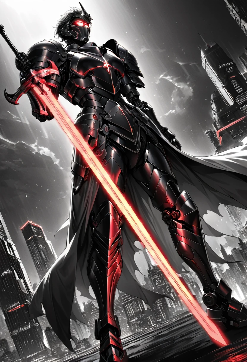 (Best quality,high resolution),Angel with huge golden laser sword,Black Armor, Have a pair of exquisite eyes,Raise the sickle，45 degree angle,Mechanical prosthesis,monochrome exposure,Dramatic Lighting,Cityscape with red holographic sci-fi projection,Sci-fi style.