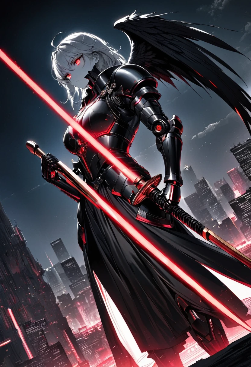 (Best quality,high resolution),Angel with huge golden laser sword,Black Armor, Have a pair of exquisite eyes,Raise the sickle,45 degree angle,Mechanical prosthesis,monochrome exposure,Dramatic Lighting,Cityscape with red holographic sci-fi projection,Sci-fi style.