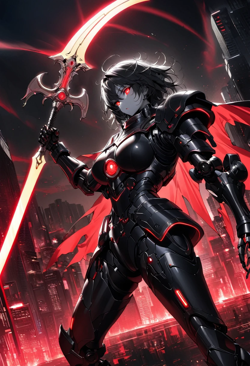 (Best quality,high resolution),Angel with huge golden laser sword,Black Armor, Have a pair of exquisite eyes,Raise the sickle,45 degree angle,Mechanical prosthesis,monochrome exposure,Dramatic Lighting,Cityscape with red holographic sci-fi projection,Sci-fi style.