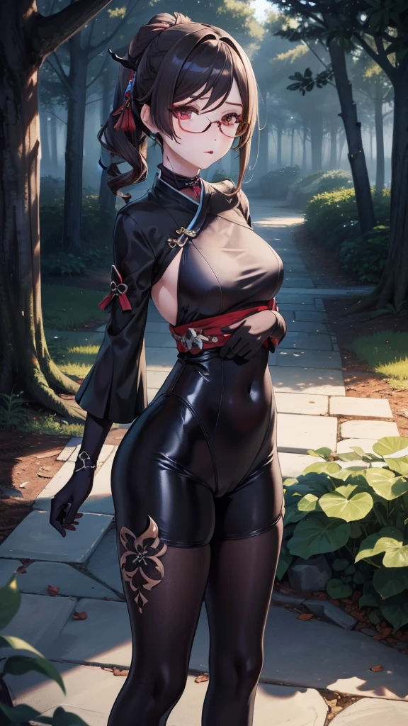 Masterpiece, Beautiful art, professional artist, 8k, detailed body, Very detailed face, very detailed eyes, Detailed clothing, detailed fabric, Best Quality, better resolution, 1 girl, Chiroi \(genshin impact\), View from the front, standing, serious expression, detailed eyes, round chinese glasses, choker:1.6, shiny black tight bodysuit, looking at the viewer, dark path, dark forest, at night atmosphere, fog
