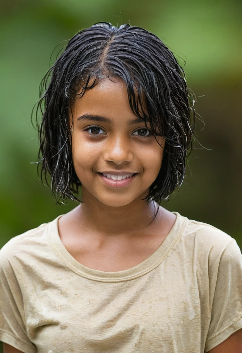 14 year old girl with short black hair and light brown skin wearing a wet t-shirt
