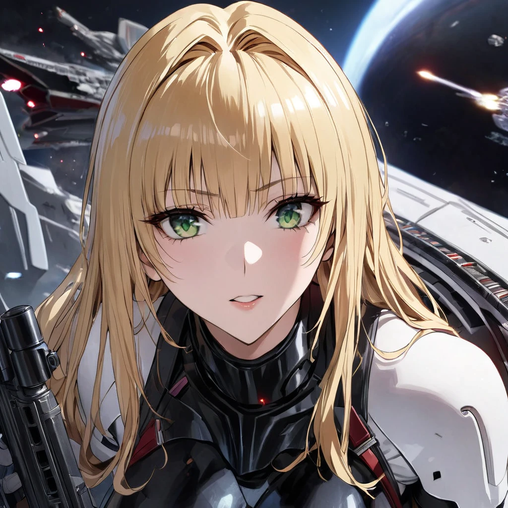 ((Highest quality)), ((masterpiece)), (detailed), （Perfect Face）、The woman is Tiare, a beautiful Stormtrooper with green eyes and medium-long blonde hair, carrying an assault rifle-type blaster.、Serving Emperor Palpatine aboard an Imperial starship