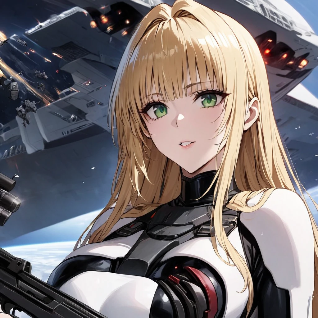((Highest quality)), ((masterpiece)), (detailed), (Perfect Face)、The woman is Tiare, a beautiful Stormtrooper with green eyes and medium-long blonde hair, carrying an assault rifle-type blaster.、Serving Emperor Palpatine aboard an Imperial starship