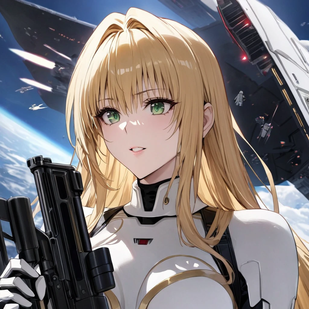 ((Highest quality)), ((masterpiece)), (detailed), (Perfect Face)、The woman is Tiare, a beautiful Stormtrooper with green eyes and medium-long blonde hair, carrying an assault rifle-type blaster.、Serving Emperor Palpatine aboard an Imperial starship
