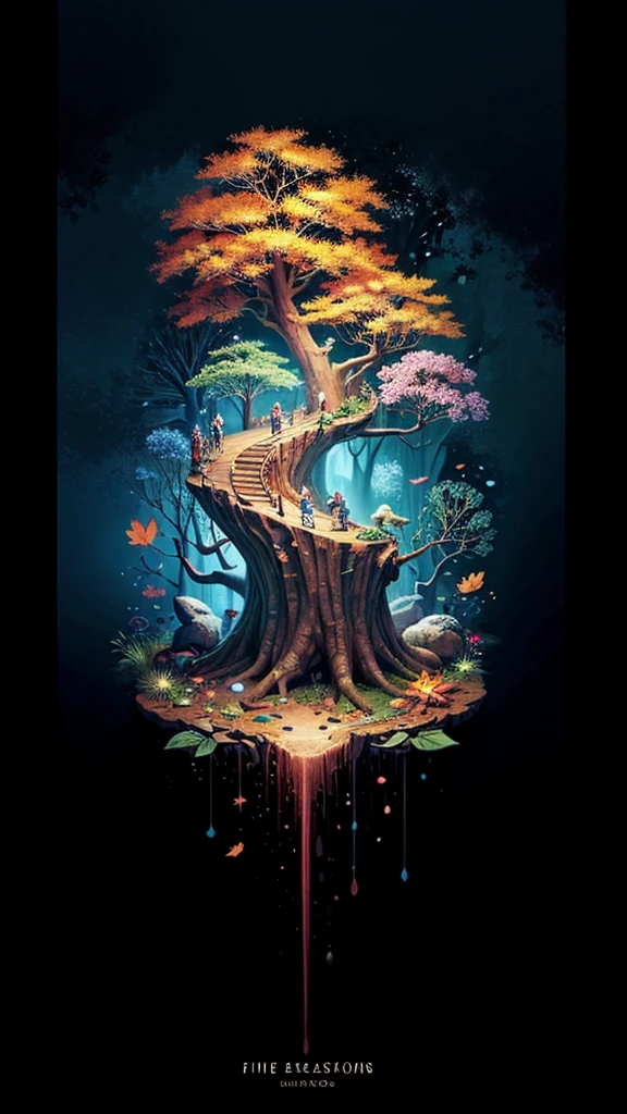 circular tree,four seasons,spring,summer,autumn,winter,leaves,roots,branches,trunk,ornate border,decorative,digital illustration,artwork,movement,time,swirling background,dark background,vibrant colors,natural,life cycle,growth,change,nature,life,peace,harmony,spirituality,symbolism,digital art,illustration,painting,graphic design,art,design,digital media,online art,visual art,fine art,fantasy