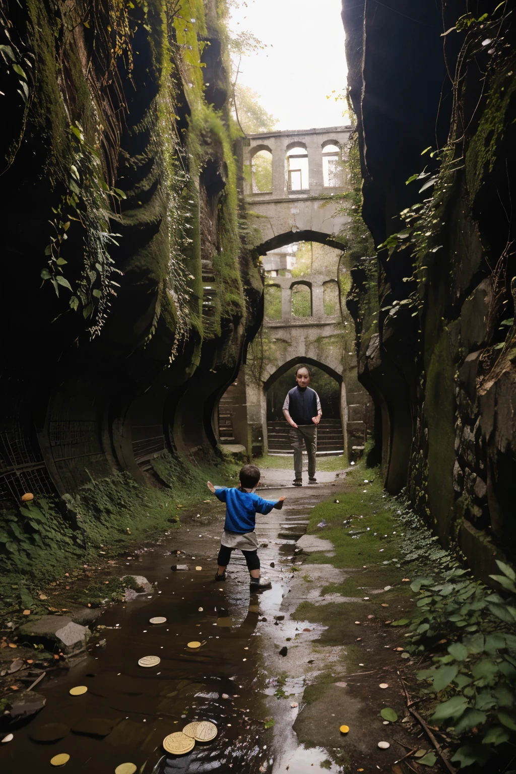 Boy throwing coins in a ravine