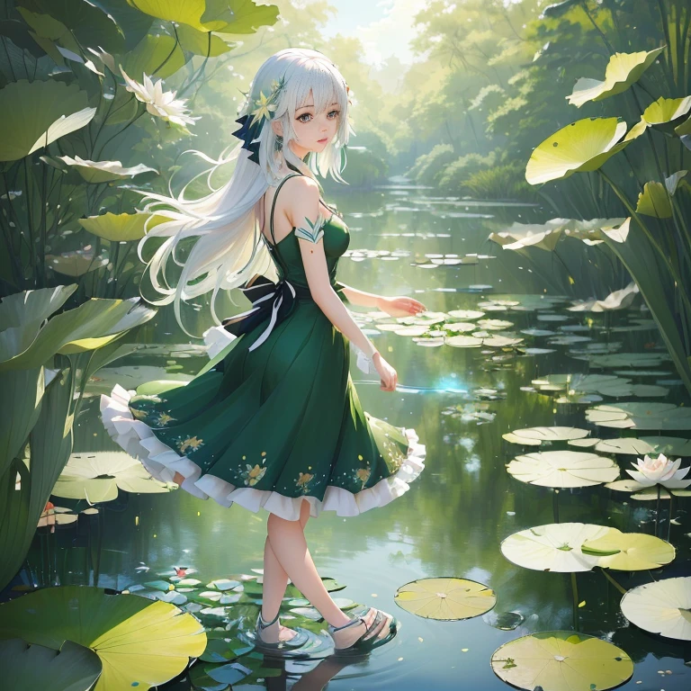 anime girl in green dress walking across a pond with lily pads, in a pond, anime girl walking on water, standing gracefully upon a lotus, in dress, guweiz on pixiv artstation, anime lush john 8k woods, guweiz on artstation pixiv, white haired deity, official art, cute anime waifu in a nice dress