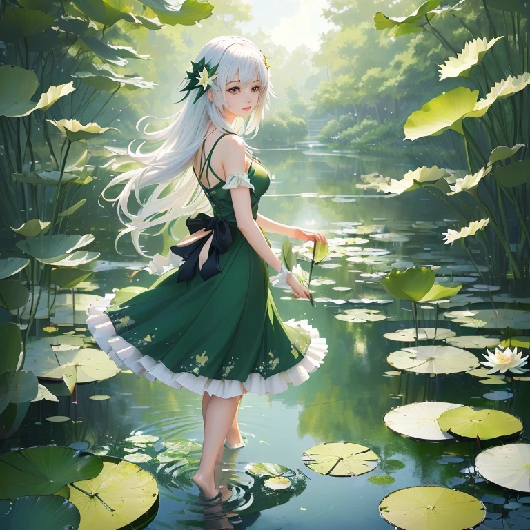 anime girl in green dress walking across a pond with lily pads, in a pond, anime girl walking on water, standing gracefully upon a lotus,  in dress, guweiz on pixiv artstation, anime lush john 8k woods, guweiz on artstation pixiv, white haired deity, official art, cute anime waifu in a nice dress