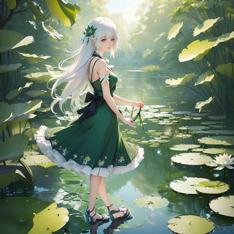 anime girl in green dress walking across a pond with lily pads, in a pond, anime girl walking on water, standing gracefully upon a lotus, in dress, guweiz on pixiv artstation, anime lush john 8k woods, guweiz on artstation pixiv, white haired deity, official art, cute anime waifu in a nice dress