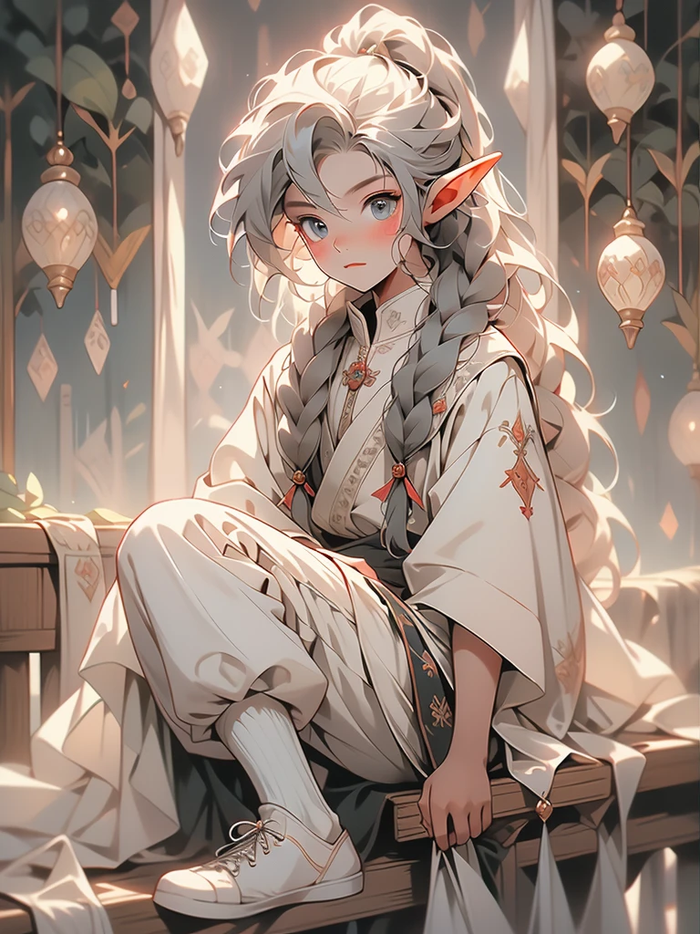 elf, young cute boy, long hair, braids, young, cute, ,medieval clothes, black and white clothes, jester, tanned skin, robe, pants, long socks