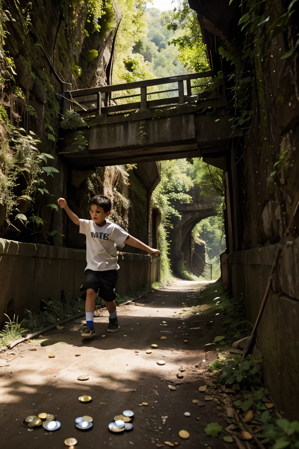 Boy throwing coins in a ravine