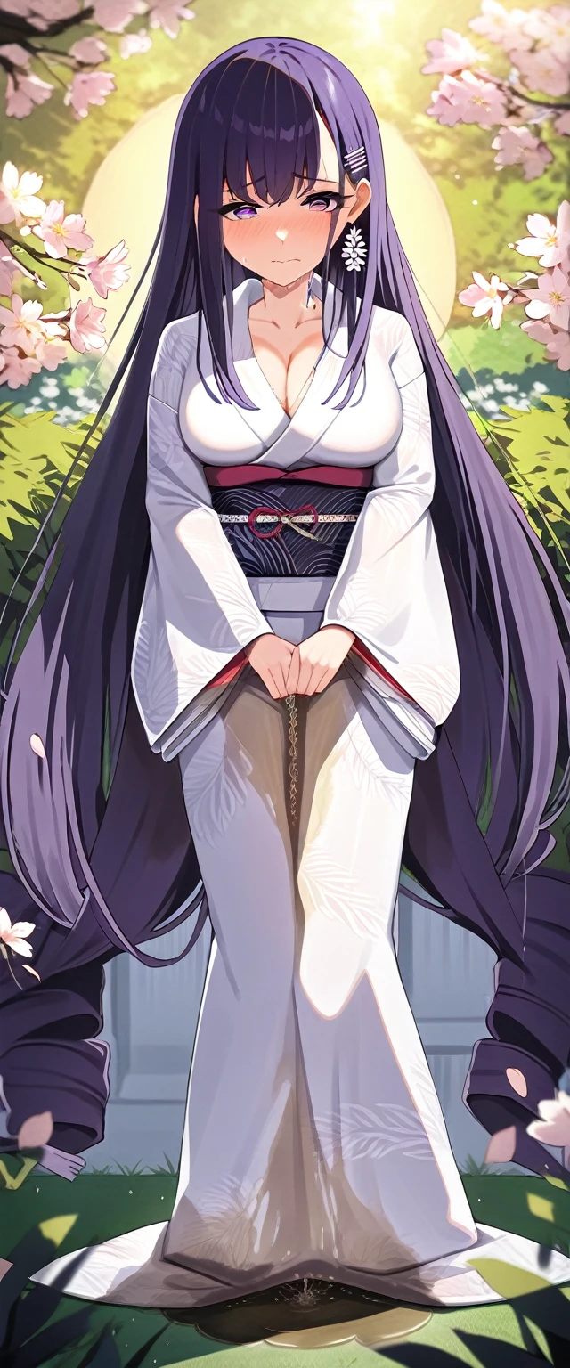 (masterpiece:1.37), best quality, (extremely detailed:1.37), (1girl:1.5), woman, (mature:1.5), (adult:1.5), large breasts, very long hair, (straight hair:1.5), (very dark purple hair:1.5), purple eyes, (extremely detailed eyes:1.37), (furisode:2.0), desperation, (wetting self:2.0), standing, embarrassed, humiliation, blushing, angry, cherry blossoms, garden, (golden hour:1.5), full body