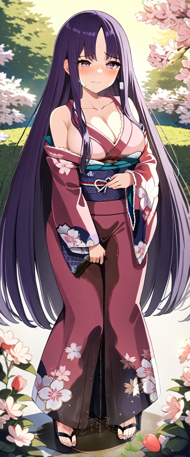 (masterpiece:1.37), best quality, (extremely detailed:1.37), (1girl:1.5), woman, (mature:1.5), (adult:1.5), large breasts, very long hair, (straight hair:1.5), (very dark purple hair:1.5), purple eyes, (extremely detailed eyes:1.37), (furisode:2.0), desperation, (wetting self:2.0), standing, embarrassed, humiliation, blushing, angry, cherry blossoms, garden, (golden hour:1.5), full body