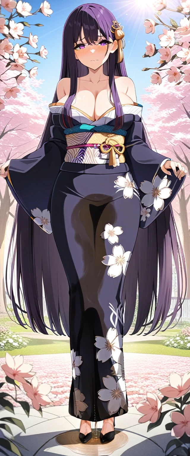 (masterpiece:1.37), best quality, (extremely detailed:1.37), (1girl:1.5), woman, (mature:1.5), (adult:1.5), large breasts, very long hair, (straight hair:1.5), (very dark purple hair:1.5), purple eyes, (extremely detailed eyes:1.37), (furisode:2.0), desperation, (wetting self:2.0), standing, embarrassed, humiliation, blushing, angry, cherry blossoms, garden, (golden hour:1.5), full body