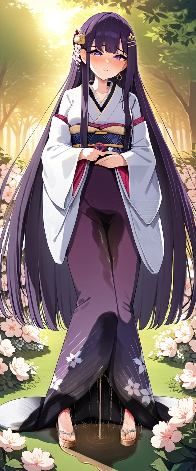 (masterpiece:1.37), best quality, (extremely detailed:1.37), (1girl:1.5), woman, (mature:1.5), (adult:1.5), large breasts, very long hair, (straight hair:1.5), (very dark purple hair:1.5), purple eyes, (extremely detailed eyes:1.37), (furisode:2.0), desperation, (wetting self:2.0), standing, embarrassed, humiliation, blushing, angry, cherry blossoms, garden, (golden hour:1.5), full body
