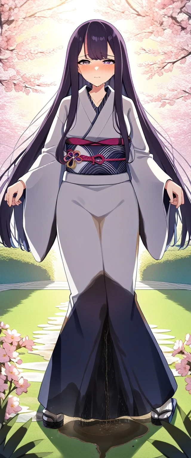 (masterpiece:1.37), best quality, (extremely detailed:1.37), (1girl:1.5), woman, (mature:1.5), (adult:1.5), large breasts, very long hair, (straight hair:1.5), (very dark purple hair:1.5), purple eyes, (extremely detailed eyes:1.37), (furisode:2.0), desperation, (wetting self:2.0), standing, embarrassed, humiliation, blushing, angry, cherry blossoms, garden, (golden hour:1.5), full body