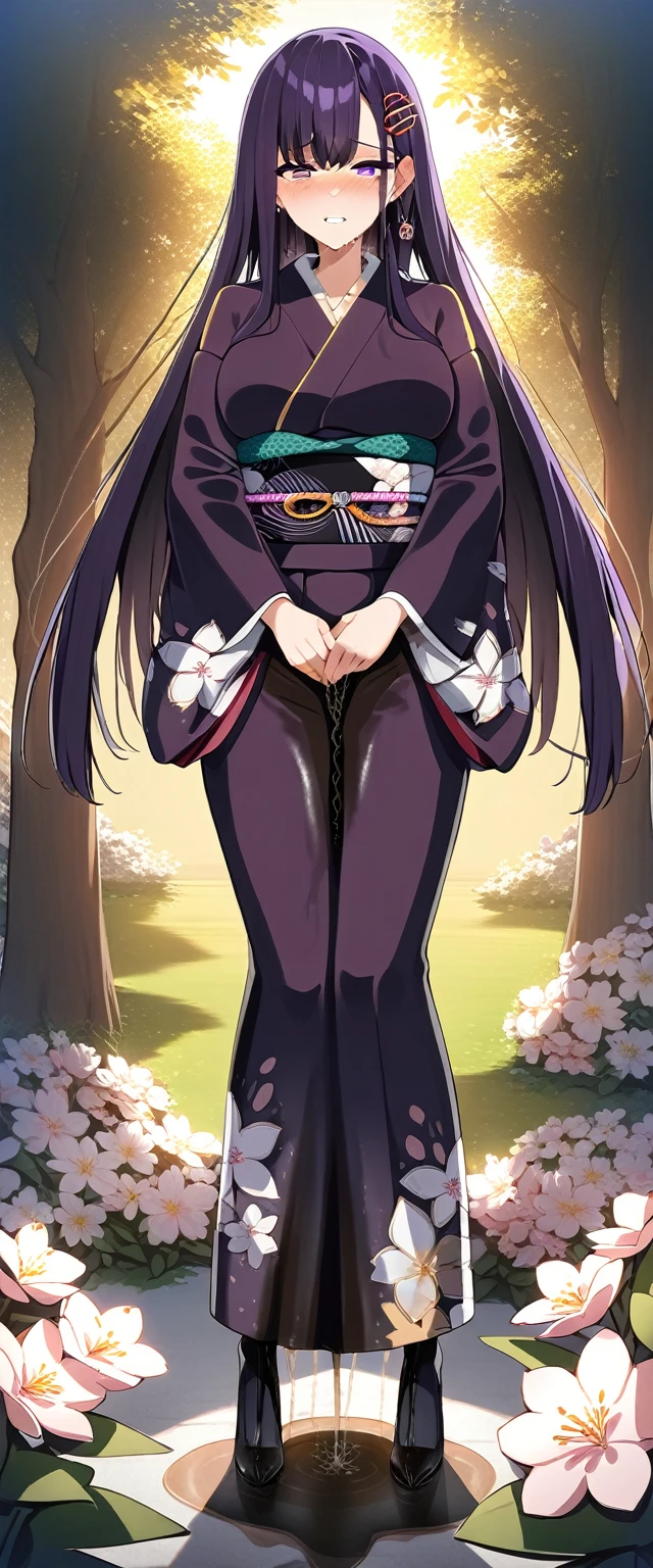 (masterpiece:1.37), best quality, (extremely detailed:1.37), (1girl:1.5), woman, (mature:1.5), (adult:1.5), large breasts, very long hair, (straight hair:1.5), (very dark purple hair:1.5), purple eyes, (extremely detailed eyes:1.37), (furisode:2.0), desperation, (wetting self:2.0), standing, embarrassed, humiliation, blushing, angry, cherry blossoms, garden, (golden hour:1.5), full body