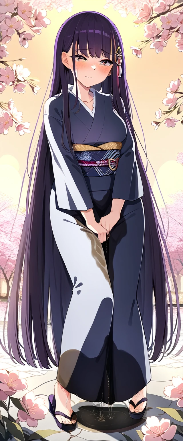 (masterpiece:1.37), best quality, (extremely detailed:1.37), (1girl:1.5), woman, (mature:1.5), (adult:1.5), large breasts, very long hair, (straight hair:1.5), (very dark purple hair:1.5), purple eyes, (extremely detailed eyes:1.37), (furisode:2.0), desperation, (wetting self:2.0), standing, embarrassed, humiliation, blushing, angry, cherry blossoms, garden, (golden hour:1.5), full body
