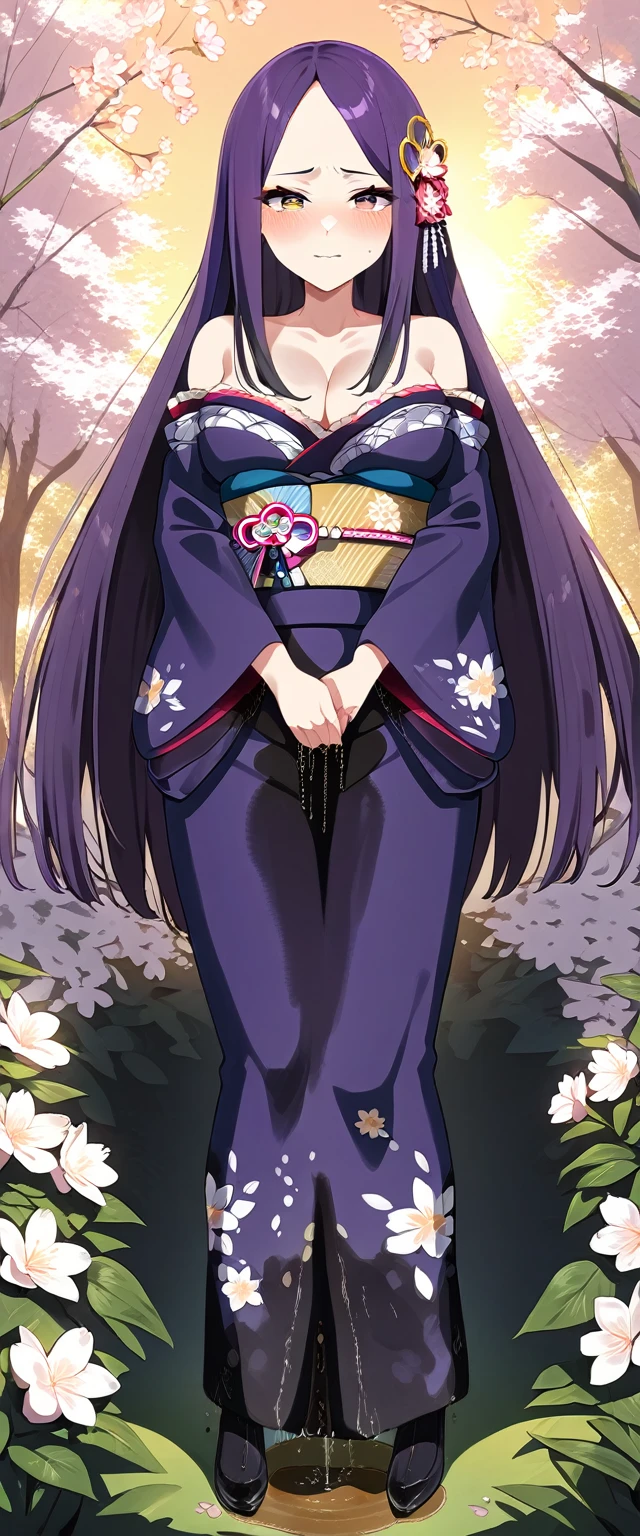 (masterpiece:1.37), best quality, (extremely detailed:1.37), (1girl:1.5), woman, (mature:1.5), (adult:1.5), large breasts, very long hair, (straight hair:1.5), (very dark purple hair:1.5), purple eyes, (extremely detailed eyes:1.37), (furisode:2.0), desperation, (wetting self:2.0), standing, embarrassed, humiliation, blushing, angry, cherry blossoms, garden, (golden hour:1.5), full body