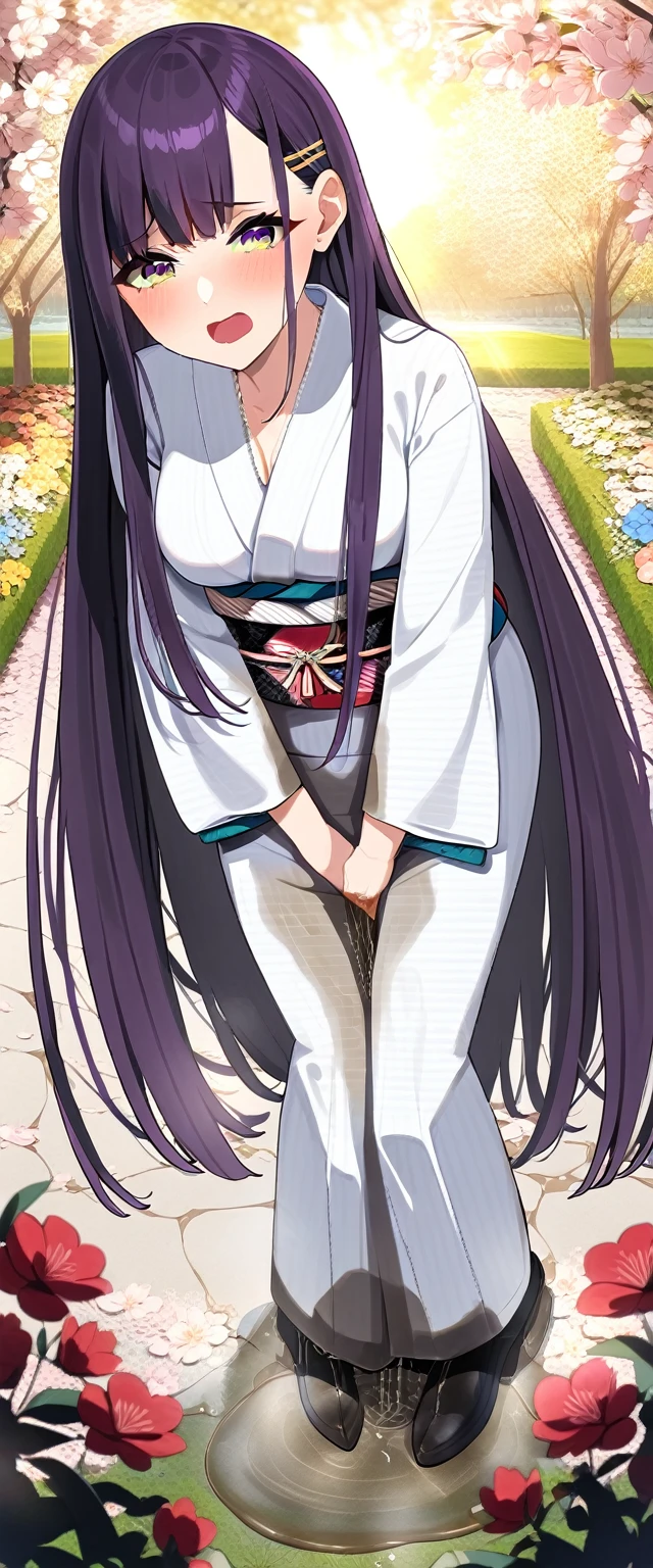 (masterpiece:1.37), best quality, (extremely detailed:1.37), (1girl:1.5), woman, (mature:1.5), (adult:1.5), large breasts, very long hair, (straight hair:1.5), (very dark purple hair:1.5), purple eyes, (extremely detailed eyes:1.37), (furisode:2.0), desperation, (wetting self:2.0), standing, embarrassed, humiliation, blushing, angry, cherry blossoms, garden, (golden hour:1.5), full body