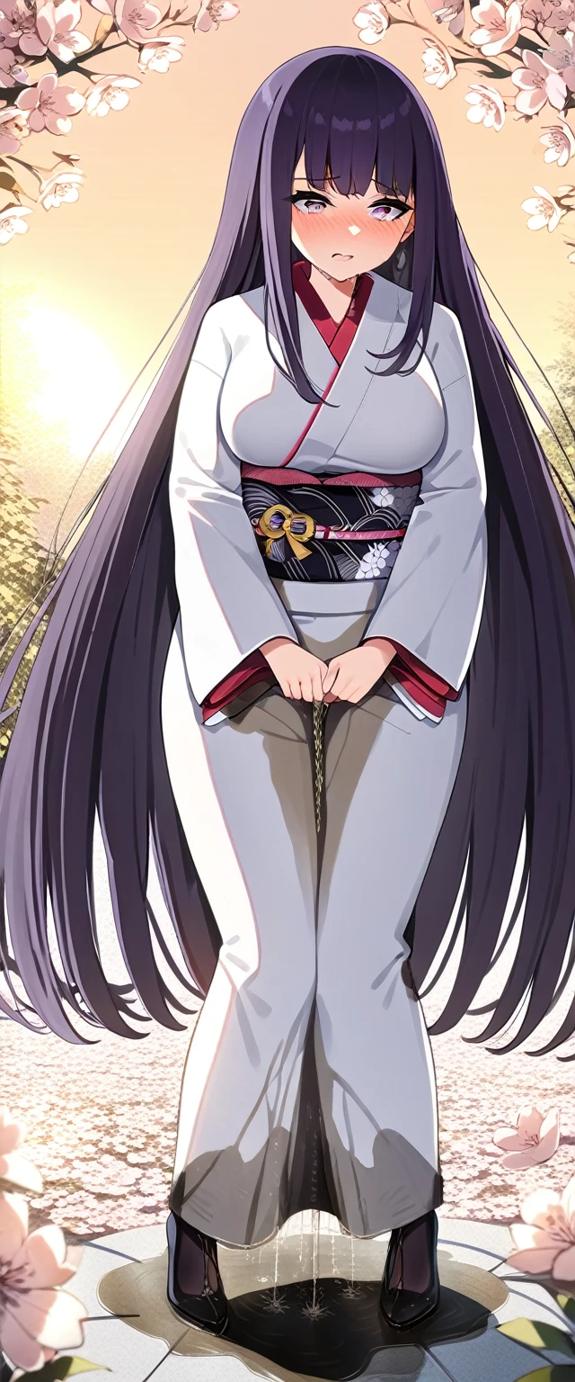 (masterpiece:1.37), best quality, (extremely detailed:1.37), (1girl:1.5), woman, (mature:1.5), (adult:1.5), large breasts, very long hair, (straight hair:1.5), (very dark purple hair:1.5), purple eyes, (extremely detailed eyes:1.37), (furisode:2.0), desperation, (wetting self:2.0), standing, embarrassed, humiliation, blushing, angry, cherry blossoms, garden, (golden hour:1.5), full body