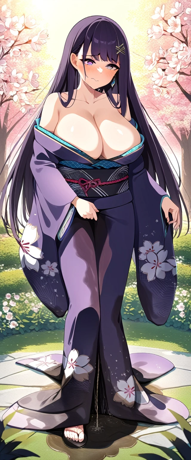 (masterpiece:1.37), best quality, (extremely detailed:1.37), (1girl:1.5), woman, (mature:1.5), (adult:1.5), large breasts, very long hair, (straight hair:1.5), (very dark purple hair:1.5), purple eyes, (extremely detailed eyes:1.37), (furisode:2.0), desperation, (wetting self:2.0), standing, embarrassed, humiliation, blushing, angry, cherry blossoms, garden, (golden hour:1.5), full body