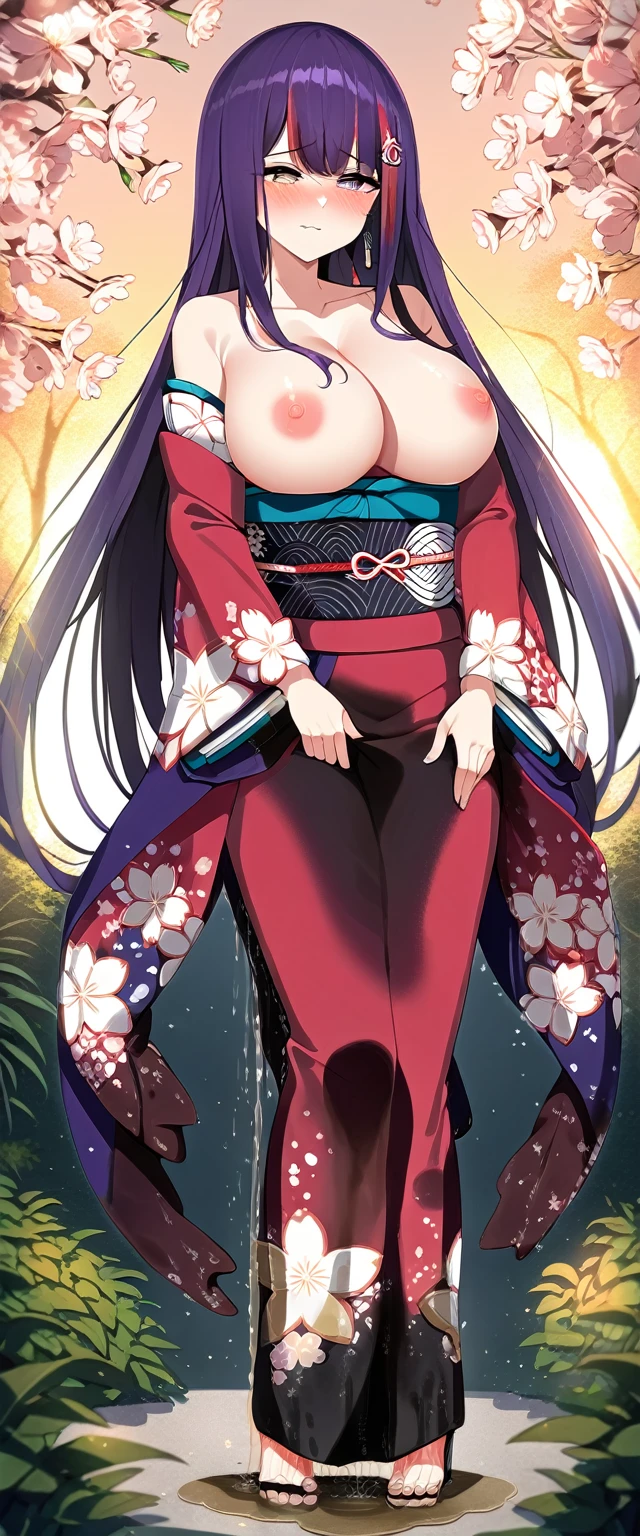 (masterpiece:1.37), best quality, (extremely detailed:1.37), (1girl:1.5), woman, (mature:1.5), (adult:1.5), large breasts, very long hair, (straight hair:1.5), (very dark purple hair:1.5), purple eyes, (extremely detailed eyes:1.37), (furisode:2.0), desperation, (wetting self:2.0), standing, embarrassed, humiliation, blushing, angry, cherry blossoms, garden, (golden hour:1.5), full body