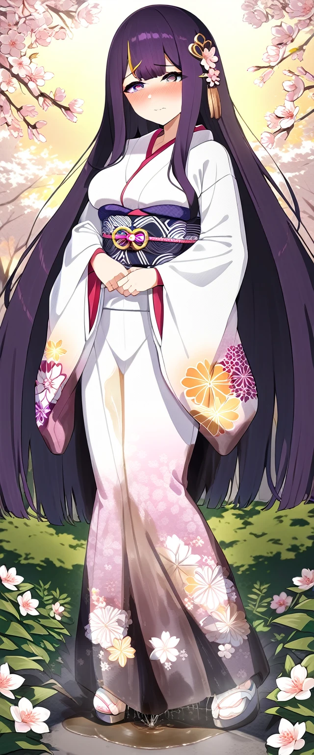 (masterpiece:1.37), best quality, (extremely detailed:1.37), (1girl:1.5), woman, (mature:1.5), (adult:1.5), large breasts, very long hair, (straight hair:1.5), (very dark purple hair:1.5), purple eyes, (extremely detailed eyes:1.37), (furisode:2.0), desperation, (wetting self:2.0), standing, embarrassed, humiliation, blushing, angry, cherry blossoms, garden, (golden hour:1.5), full body