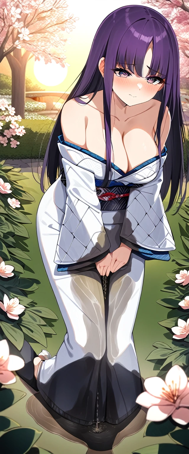 (masterpiece:1.37), best quality, (extremely detailed:1.37), (1girl:1.5), woman, (mature:1.5), (adult:1.5), large breasts, very long hair, (straight hair:1.5), (very dark purple hair:1.5), purple eyes, (extremely detailed eyes:1.37), (furisode:2.0), desperation, (wetting self:2.0), standing, embarrassed, humiliation, blushing, angry, cherry blossoms, garden, (golden hour:1.5), full body