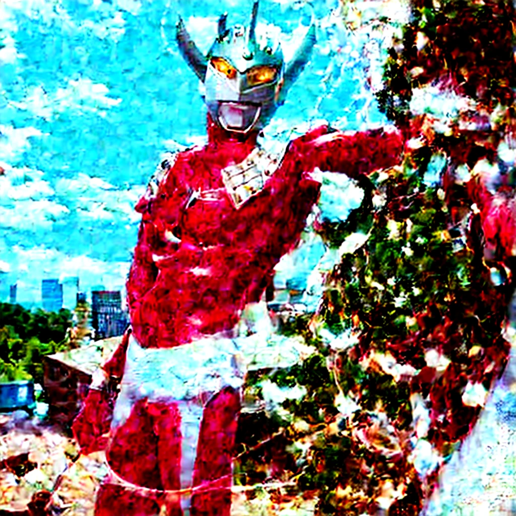 masterpiece,Put arms together and emit rays,40m tall Giant superhero Ultraman Taro,standing on Tokyo Japan in the dark,The same size as the building,tall and slim, portrait, fighting pose, photo high quality, realistic photo, night scene,silver helmet, glass hemisphere on chest glows, yellow eyes, forehead lamp glows,martial arts pose, slim body,long limbs,4K