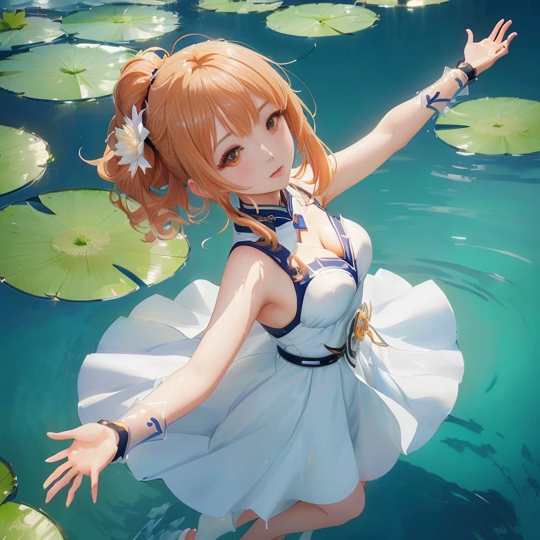 anime girl in white dress standing in water with lily pads, anime girl walking on water, ayaka genshin impact, rin, guweiz on pixiv artstation, guweiz on artstation pixiv, ayaka game genshin impact, trending on artstation pixiv, anime style 4 k, wallpaper anime blue water, beautiful anime, beautiful anime art