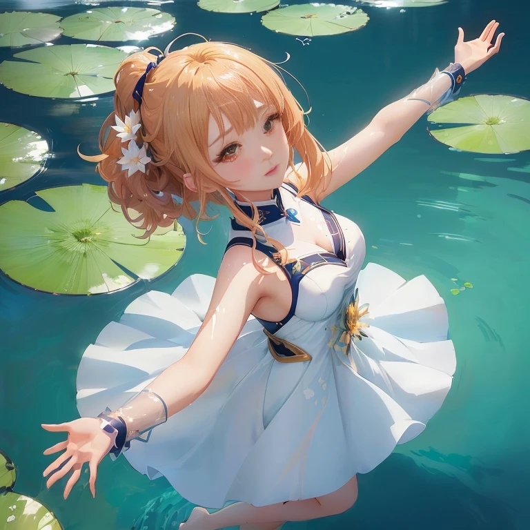 anime girl in white dress standing in water with lily pads, anime girl walking on water, ayaka genshin impact, rin, guweiz on pixiv artstation, guweiz on artstation pixiv, ayaka game genshin impact, trending on artstation pixiv, anime style 4 k, wallpaper anime blue water, beautiful anime, beautiful anime art
