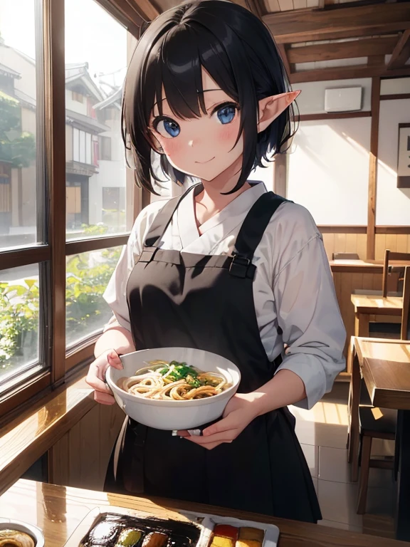 High resolution, 8K Ultra HD, ((ink and painting)), J((one girl elf)), inside a Japanese soba restaurant. An elf is carrying a small bowl of wide udon noodles on a tray. There is nothing in the colander except white udon noodles. A short-cut black-haired elf, (((very short hairstyle))), a little smile