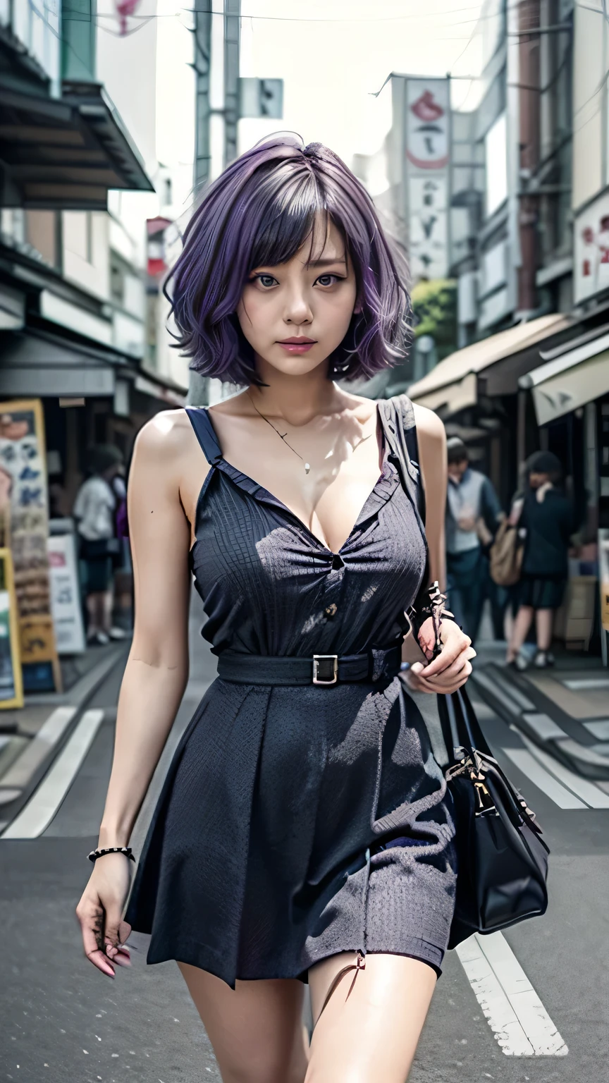 (Girl bends down to pick up bag from ground on Tokyo street:1.2、blue sky、Cleavage:1.4)、((Gothic ta、One-piece dress)、the wind is strong、(Realistic、Like a photograph、Live Action、8K, Realistic, RAW Photos, Best image quality: 1.4), Single-lens reflex camera、RAW Photos, Highest quality, Realistic, Highly detailed CG Unity 8K wallpaper, Written boundary depth, Cinematic Light, Lens flare, Ray Tracing, Realistic background、((ultra high density skin))、 Teengirl on her way to school,Cute Japanese、(Big Breasts)、(whole body:1.5)、Super detailed face,avert your eyes:1.1、(Purple inner color hair、short hair:1.2、My hair flutters in the wind:1.4)、I like that style、stylish、Very detailed、Pay attention to the details、Perfect outfit、(Sunburned skin)、View from the front、Accurate hands、Accurate legs、Detailed hands and fingers、Anatomically correct body、Thin legs、Thin thighs、Large Breasts