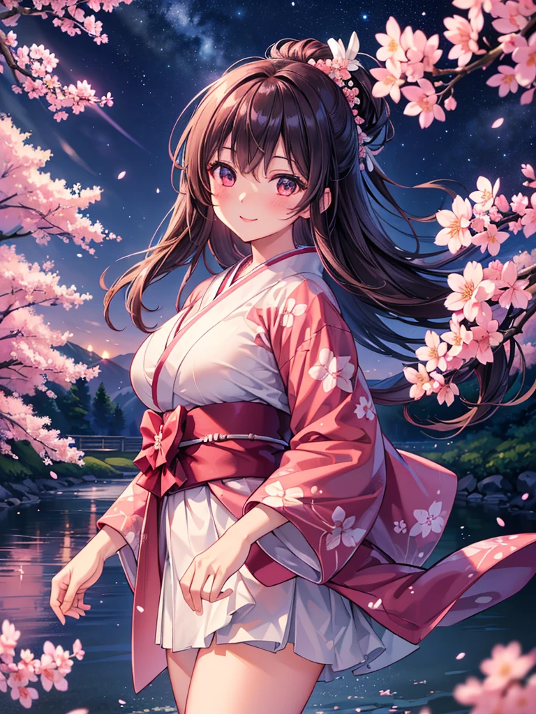 (Highest quality, high resolution, masterpiece, 8k, very detailed: 1.2), movie angle, shiny, glossy skin, backlight, light particles,
Outdoors, night, cherry blossoms, row of cherry blossoms, night cherry blossoms, night sky
1 Female, Alone, Cowboy Shot, Big Breasts, Smile, Blush, Floating Hair, Wind, Kimono from below