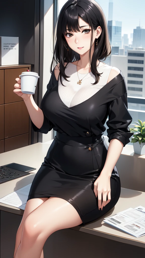 1 sitting woman, holding a coffee cup, Clothing of office workers, /(ID card strap/), Mature Woman, /(Black Hair/) bangs, (Masterpiece Top quality:1.2) Delicate illustrations, super detailed, Big Break /(Modern office indoors/), Skyscraper with windows