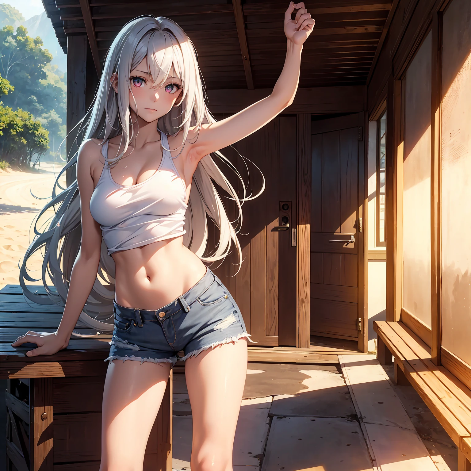 Browsing Caution　(Highest quality:1.5, High resolution, 超High resolution, 4K, Detailed lighting, Shaders)(masterpiece:1.2), Very detailed, Illyasviel von Einzbern　{{Red colored eyes}}++　alone, Cowboy Shot,Long Hair, Gray Hair, Red eyes, White tank top　Denim shorts　M-shaped foot　sneer　Beautiful beaches　Realistic sun rays　topless　Completely naked　Please roll up your shirt　Sweat　Outdoor