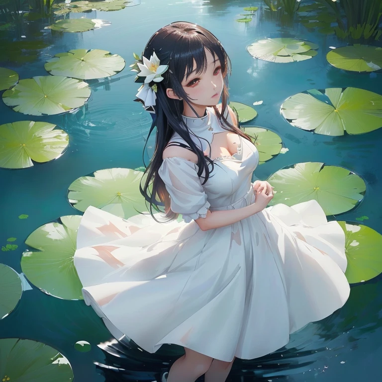 anime girl in a white dress standing in a pond of water, guweiz, in a pond, guweiz on pixiv artstation, anime girl walking on water, artwork in the style of guweiz, cute anime waifu in a nice dress, guweiz on artstation pixiv, anime visual of a cute girl, beautiful anime, beautiful anime girl