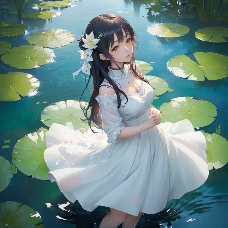 anime girl in a white dress standing in a pond of water, guweiz, in a pond, guweiz on pixiv artstation, anime girl walking on water, artwork in the style of guweiz, cute anime waifu in a nice dress, guweiz on artstation pixiv, anime visual of a cute girl, beautiful anime, beautiful anime girl