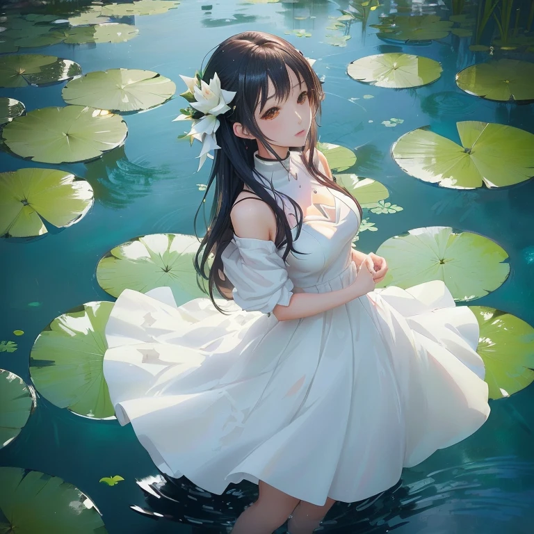 anime girl in a white dress standing in a pond of water, guweiz, in a pond, guweiz on pixiv artstation, anime girl walking on water, artwork in the style of guweiz, cute anime waifu in a nice dress, guweiz on artstation pixiv, anime visual of a cute girl, beautiful anime, beautiful anime girl
